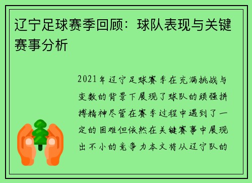 辽宁足球赛季回顾：球队表现与关键赛事分析