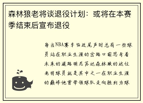 森林狼老将谈退役计划：或将在本赛季结束后宣布退役