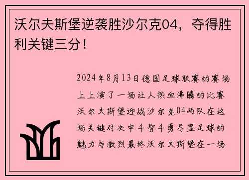 沃尔夫斯堡逆袭胜沙尔克04，夺得胜利关键三分！