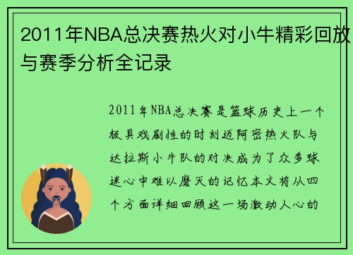 2011年NBA总决赛热火对小牛精彩回放与赛季分析全记录