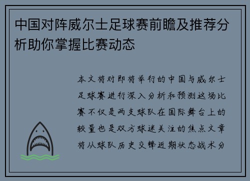 中国对阵威尔士足球赛前瞻及推荐分析助你掌握比赛动态