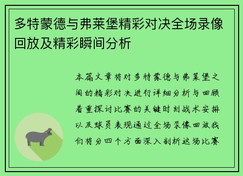 多特蒙德与弗莱堡精彩对决全场录像回放及精彩瞬间分析