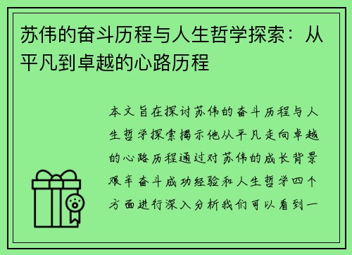 苏伟的奋斗历程与人生哲学探索：从平凡到卓越的心路历程
