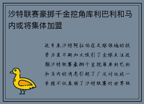 沙特联赛豪掷千金挖角库利巴利和马内或将集体加盟