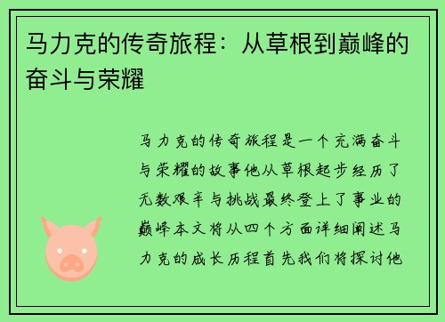 马力克的传奇旅程：从草根到巅峰的奋斗与荣耀