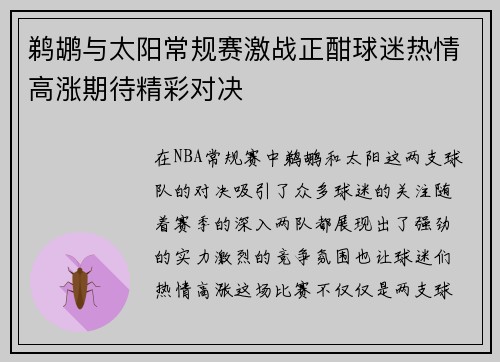 鹈鹕与太阳常规赛激战正酣球迷热情高涨期待精彩对决