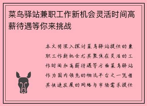 菜鸟驿站兼职工作新机会灵活时间高薪待遇等你来挑战