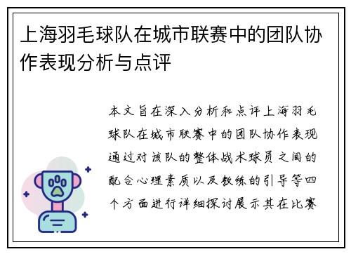 上海羽毛球队在城市联赛中的团队协作表现分析与点评