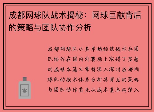 成都网球队战术揭秘：网球巨献背后的策略与团队协作分析