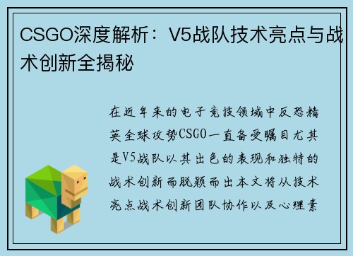 CSGO深度解析：V5战队技术亮点与战术创新全揭秘