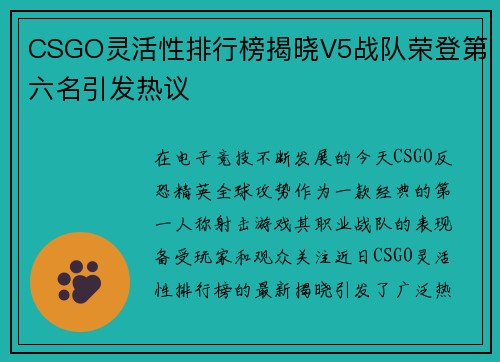 CSGO灵活性排行榜揭晓V5战队荣登第六名引发热议