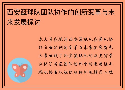 西安篮球队团队协作的创新变革与未来发展探讨