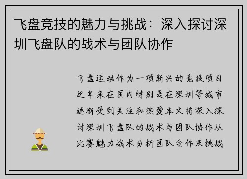 飞盘竞技的魅力与挑战：深入探讨深圳飞盘队的战术与团队协作
